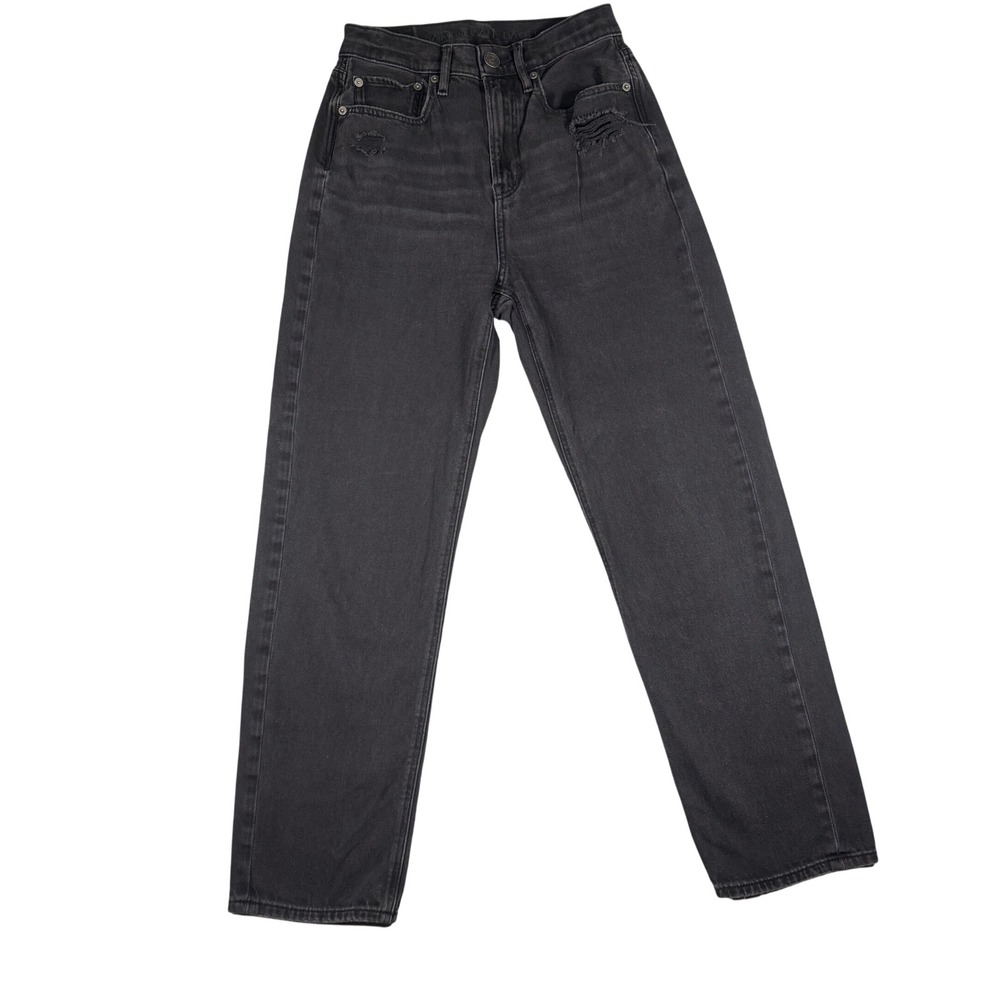 American Eagle Mom Jeans 2 Women Black Distressed High Waisted Denim